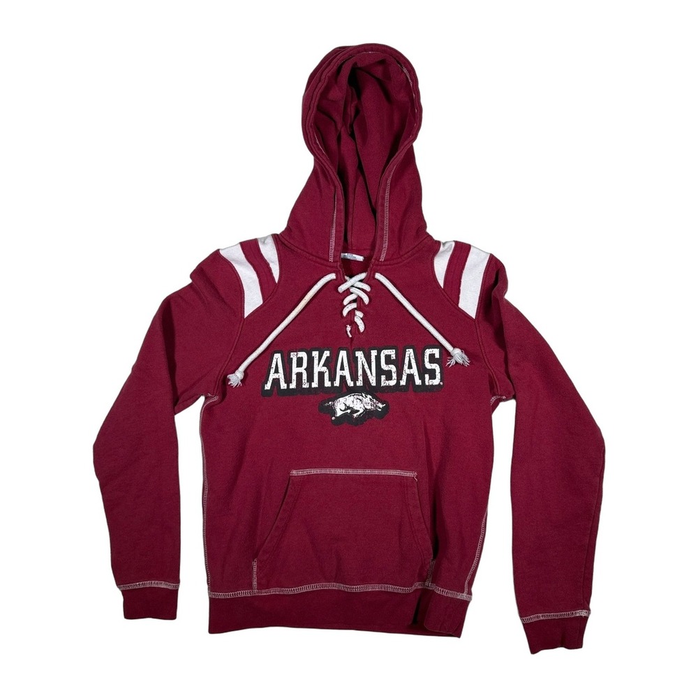 Colosseum Arkansas Razorbacks Lace Up Pullover Hoodie White Stripes‎ Womens S